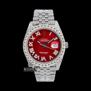 Women's Rolex Lab-Grown Diamond Luxury Watch in sparkling silver with red dial and diamonds.