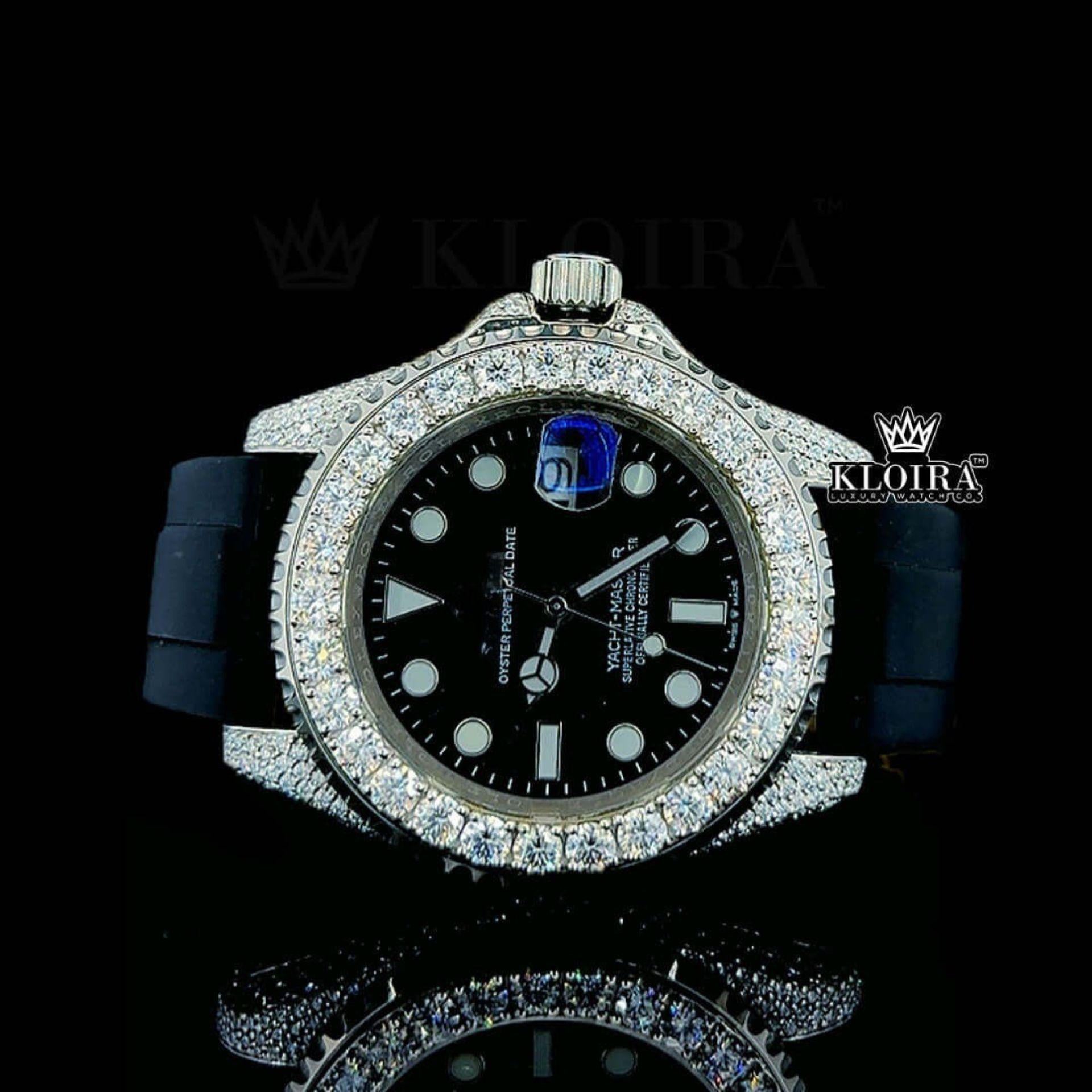 Round Markers Black Dial Black Rubber Strap Semi Iced Out Moissanite Watch Front View