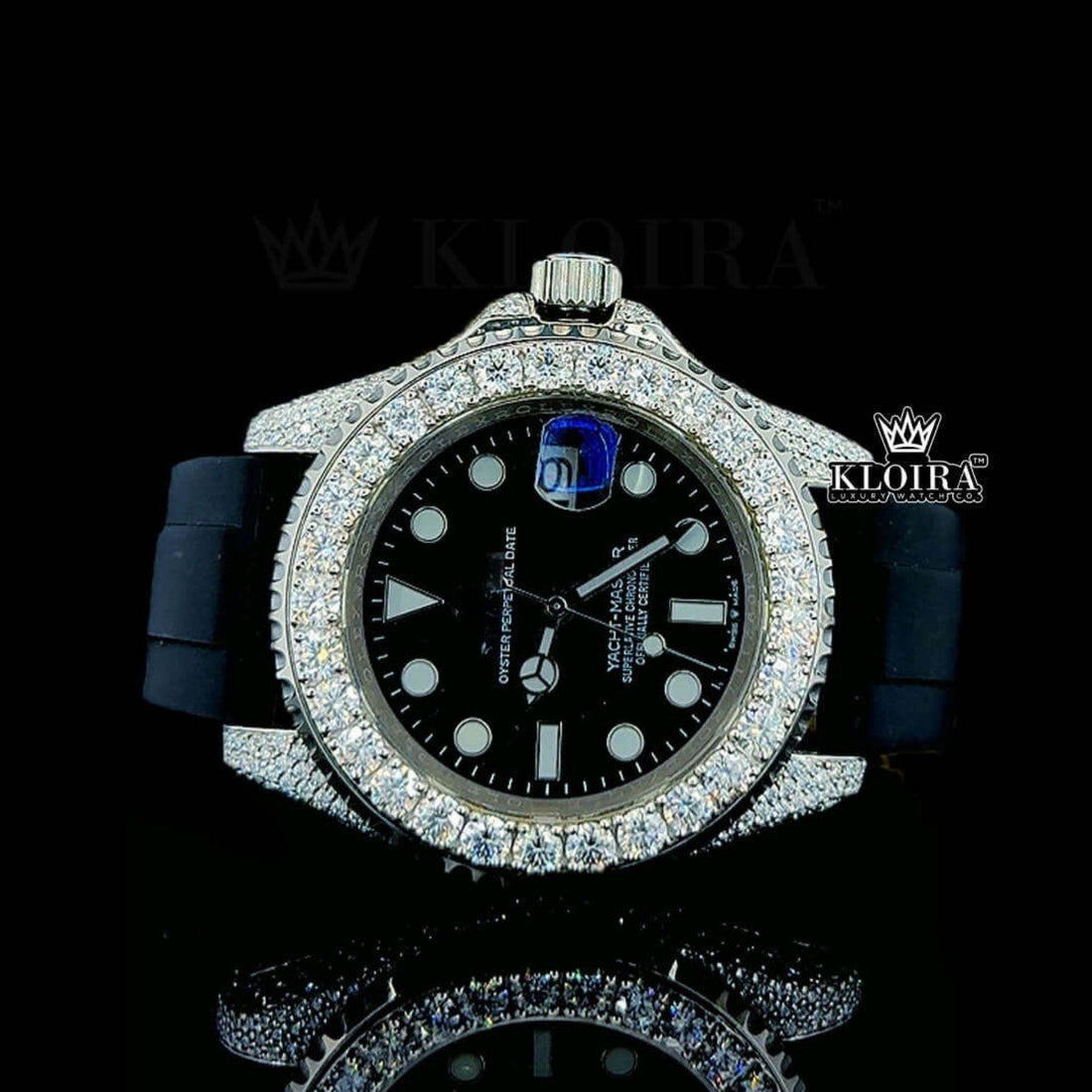 Round Markers Black Dial Black Rubber Strap Semi Iced Out Moissanite Watch Front View