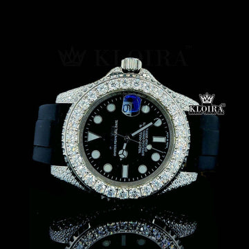 Round Markers Black Dial Black Rubber Strap Semi Iced Out Moissanite Watch Front View