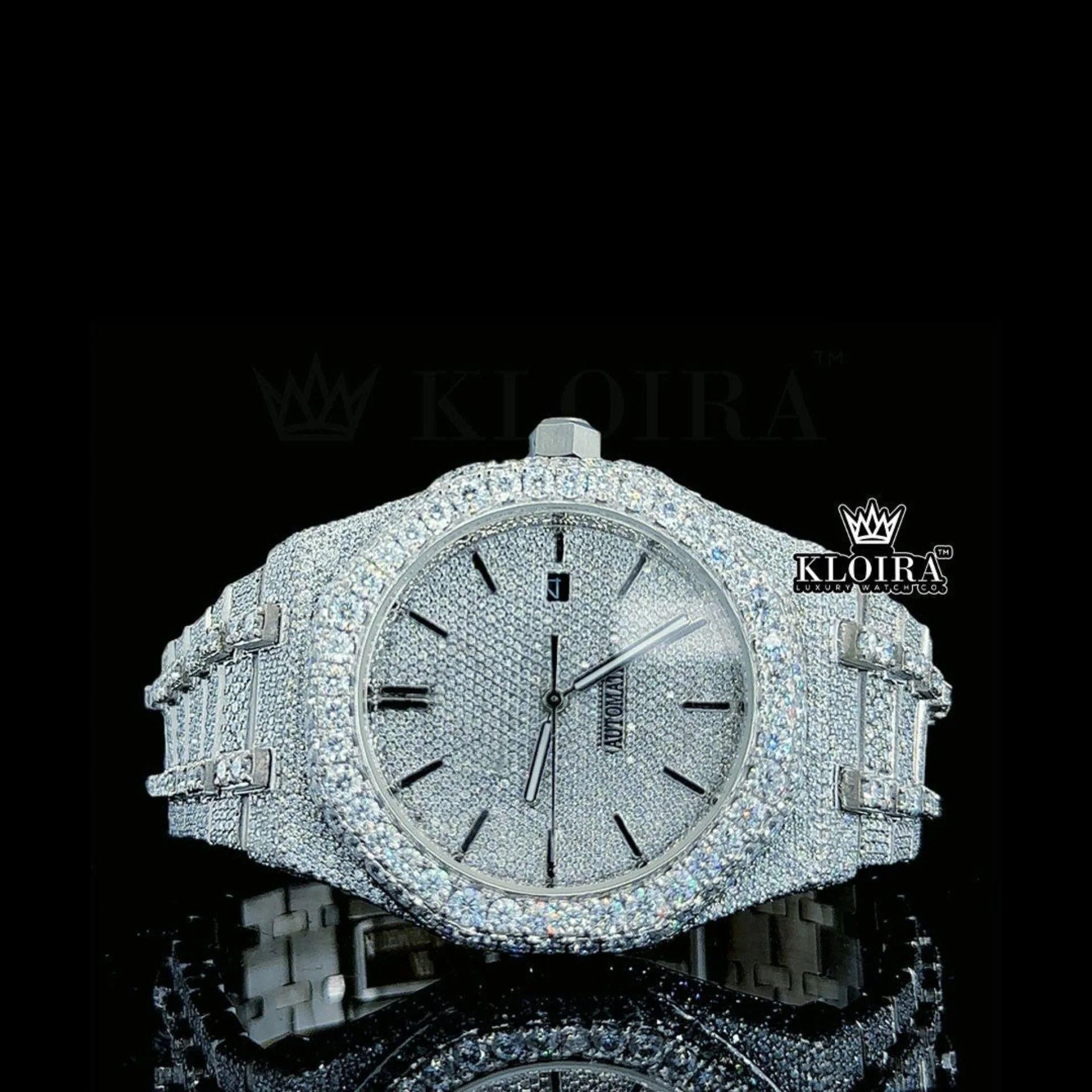 Royal Oak Inspired Full Iced Out Moissanite Diamond Watch Black Stick Markers Front View.