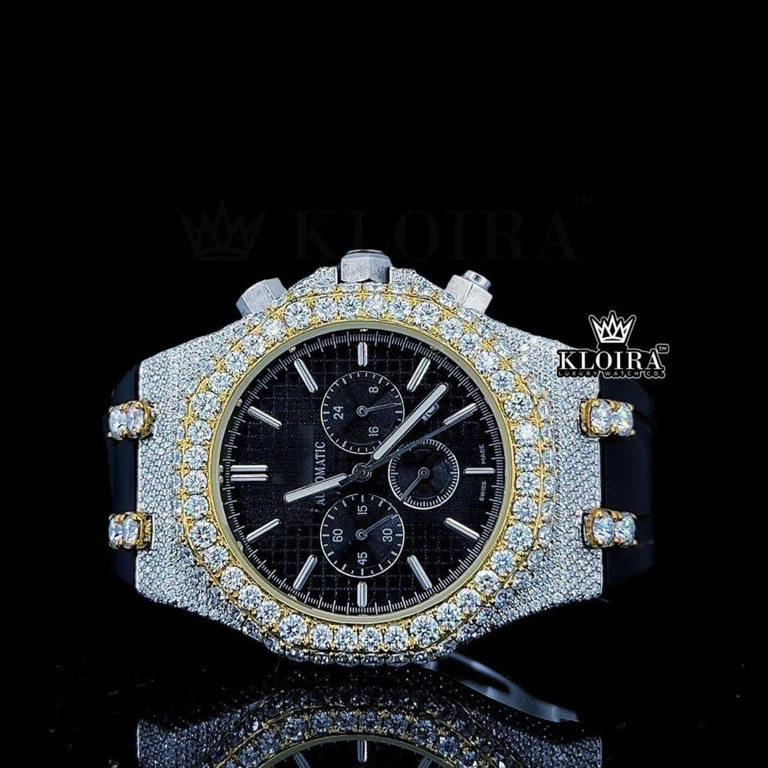 Royal Oak Inspired Two Tone Moissanite Diamond Watch with Black Rubber Strap Front View