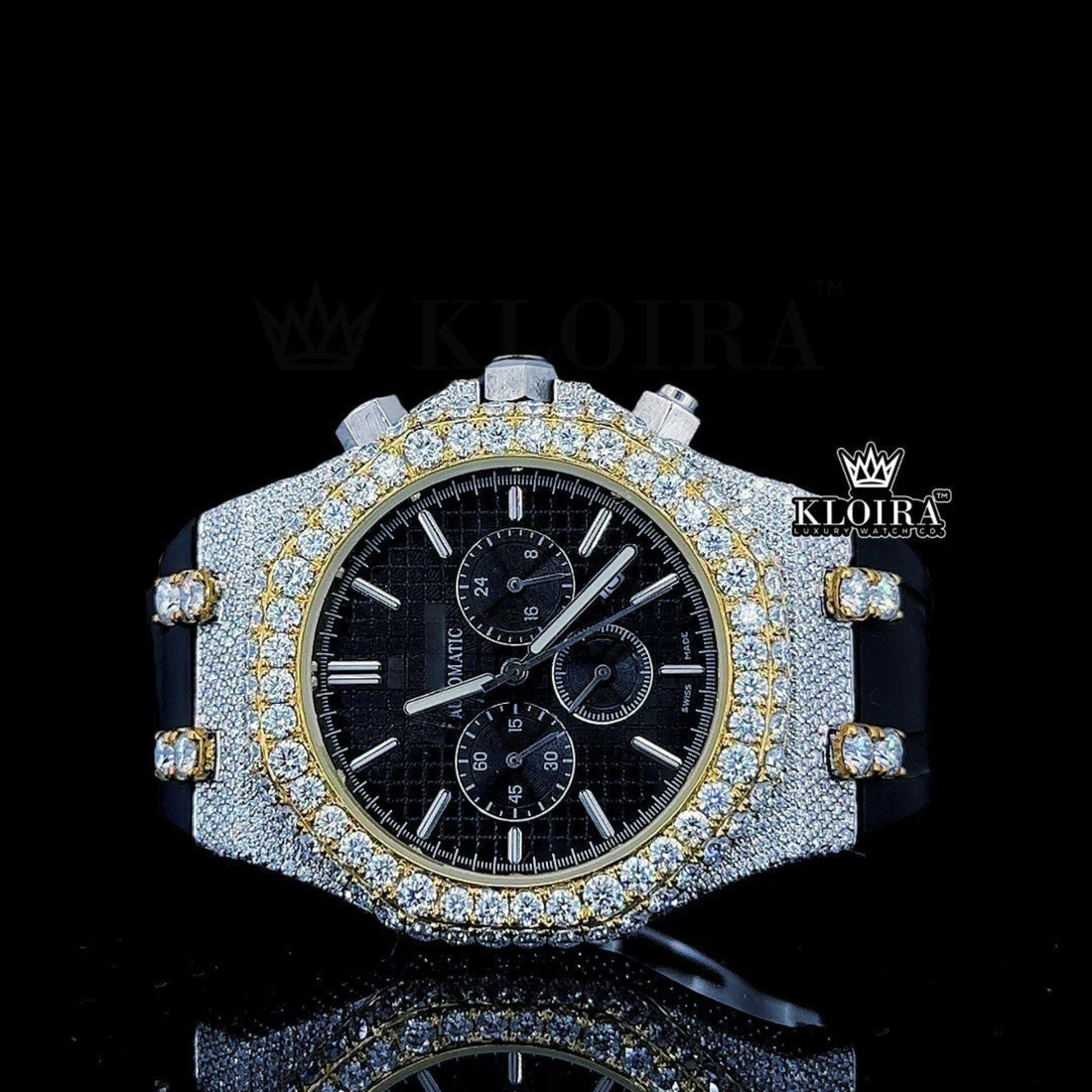 Royal Oak Two Tone Moissanite Diamond Watch with Black Rubber Strap Front View
