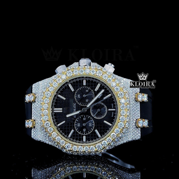 Royal Oak Two Tone Moissanite Diamond Watch with Black Rubber Strap Front View