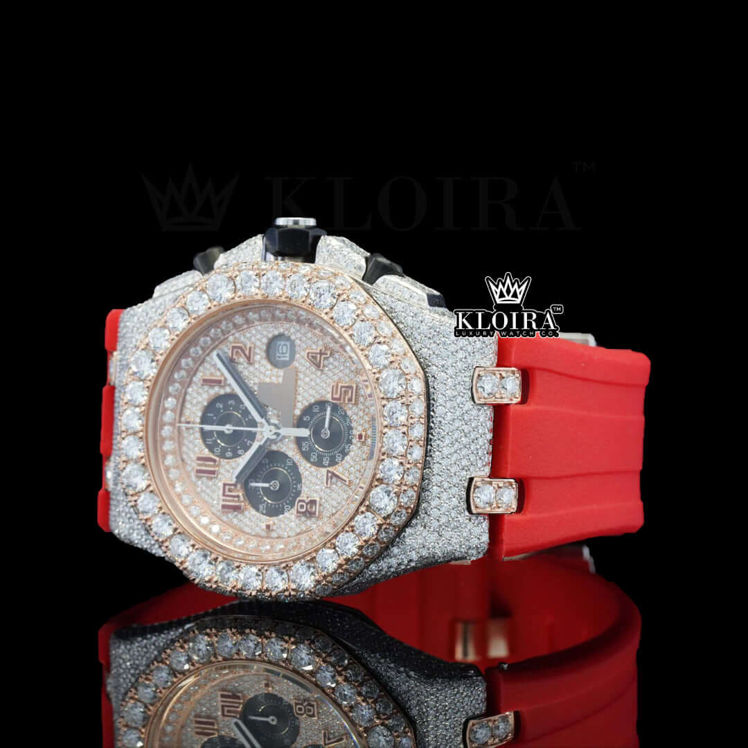 Rose gold dial with black chronograph and moissanite diamonds on a red rubber strap 42mm watch.