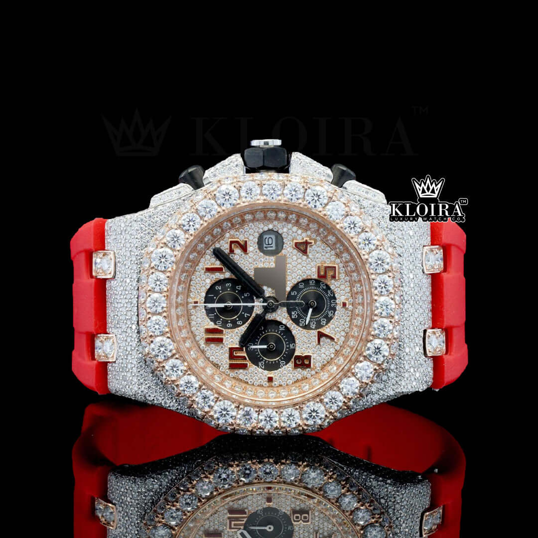 Rose gold dial with black chronograph and moissanite diamonds on a red rubber strap 42mm watch.