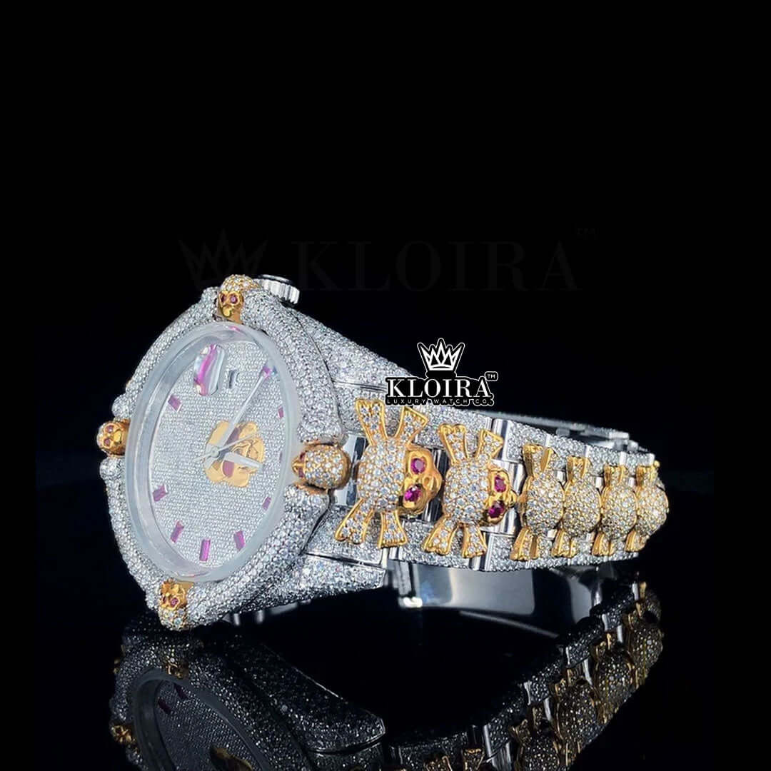 Ruby Markers Skull Dial Full Iced Out Moissanite Diamond Watch Front View