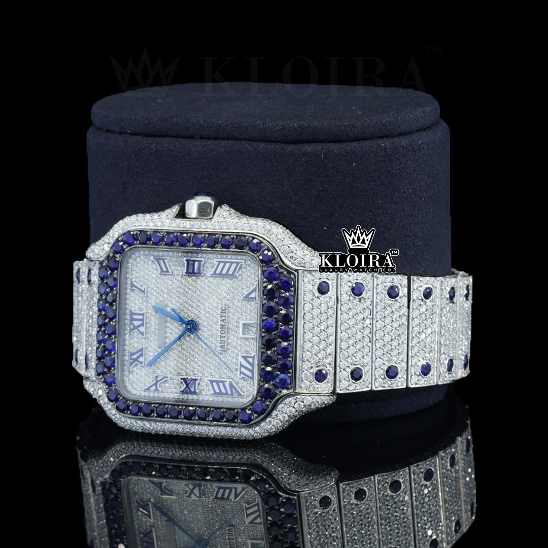 Blue Envy Moissanite Diamond Watch 14K Gold VVS 22 Carat 42mm Front 