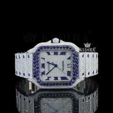 Blue Envy Moissanite Diamond Watch 14K Gold VVS 22 Carat 42mm Front 