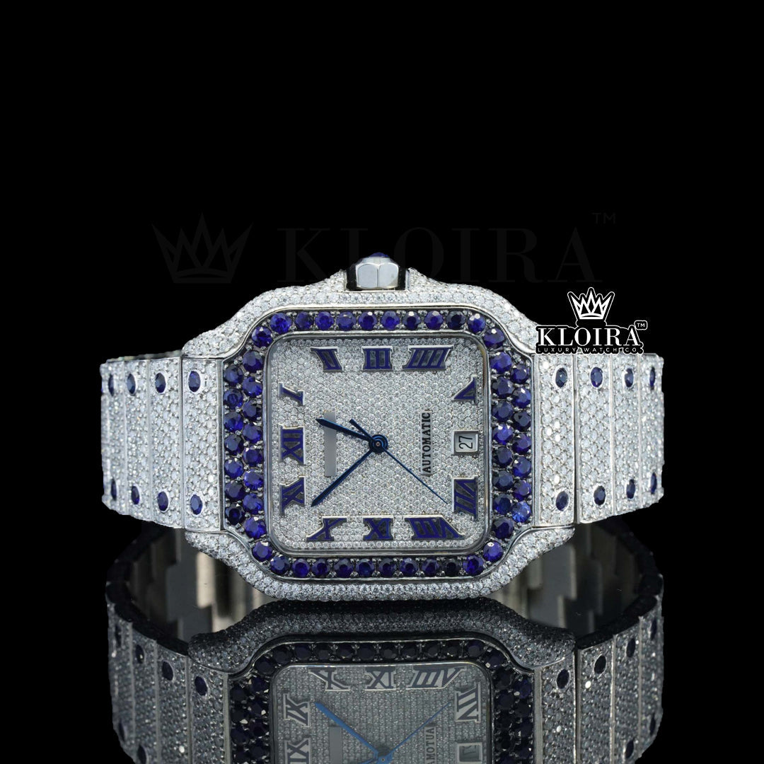 Blue Envy Moissanite Diamond Watch 14K Gold VVS 22 Carat 42mm Front 