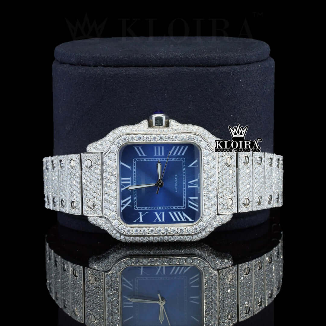 Blue Ocean Moissanite Diamond Watch 14K Gold VVS 20 Carat 42mm Front