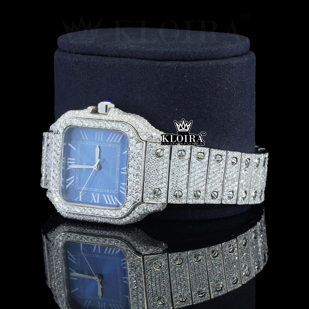 Blue Ocean Moissanite Diamond Watch 14K Gold VVS 20 Carat 42mm Front