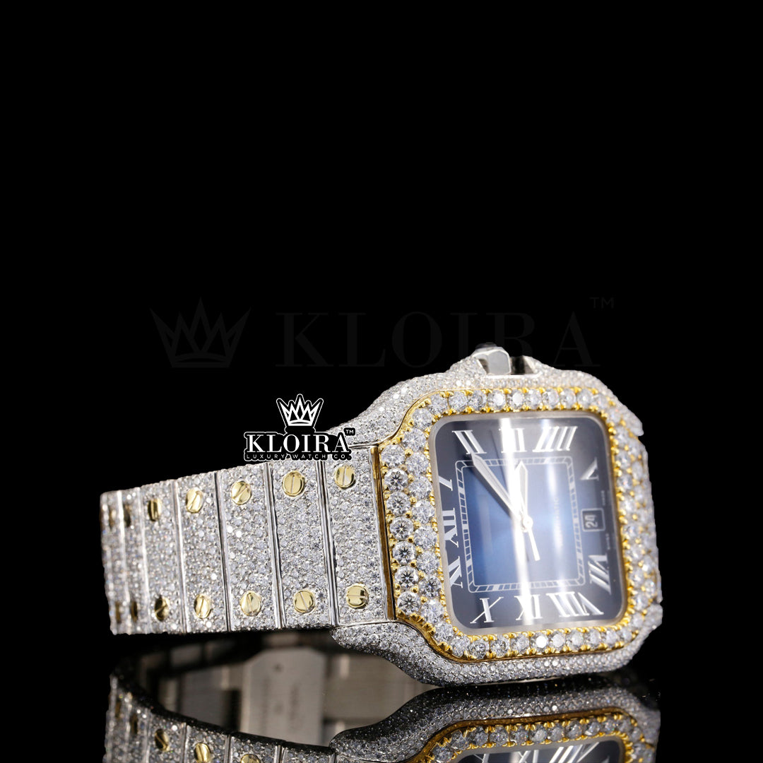 Sapphire Blue Dial Square Case Cartier Diamond Watch front view showcasing rich sapphire-blue dial with white Roman numerals, yellow-gold moissanite bezel, sapphire-tipped crown, and pavé link bracelet.