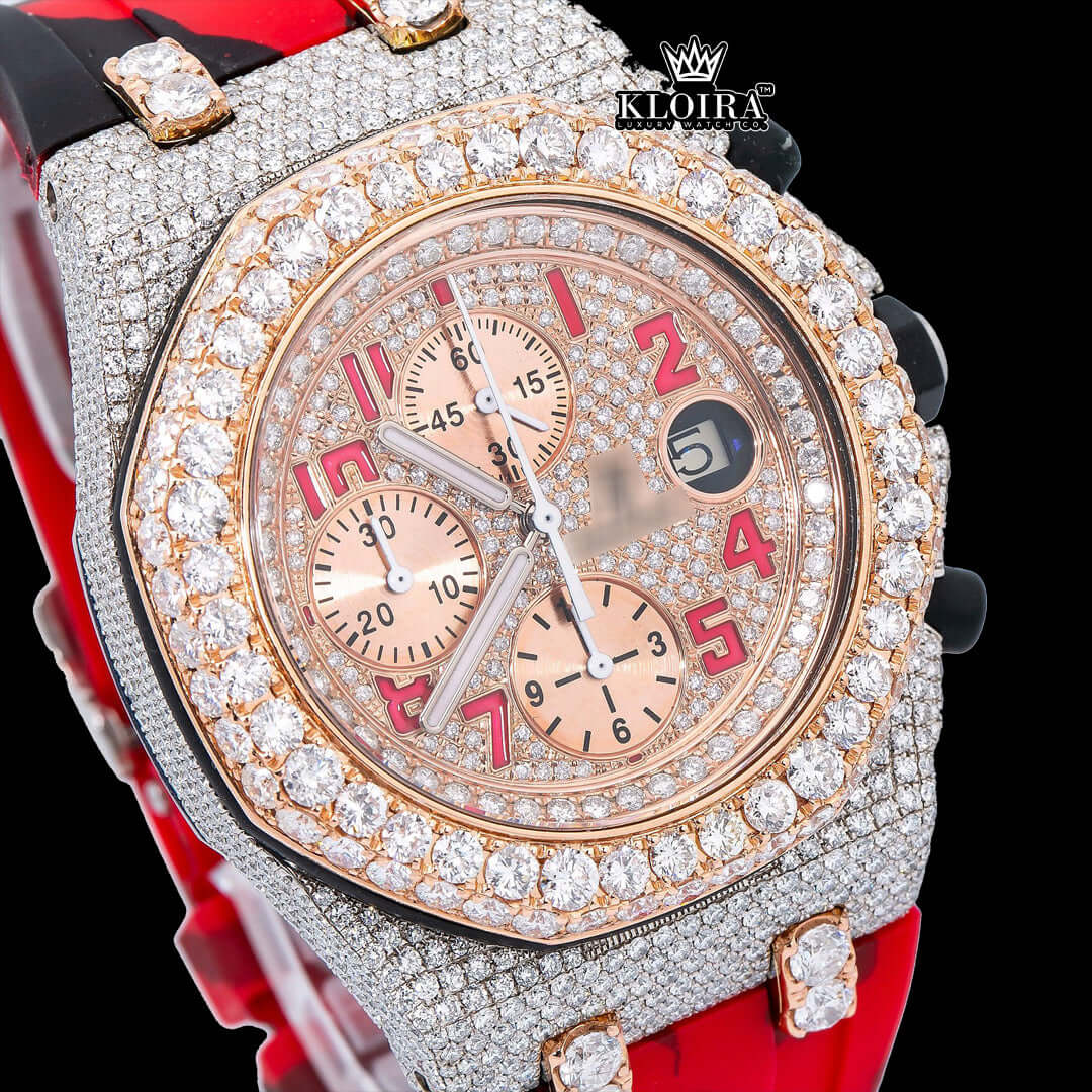 Rose gold dial iced out moissanite diamond watch with red camo strap, featuring 14K gold plating and 14-carat diamonds.
