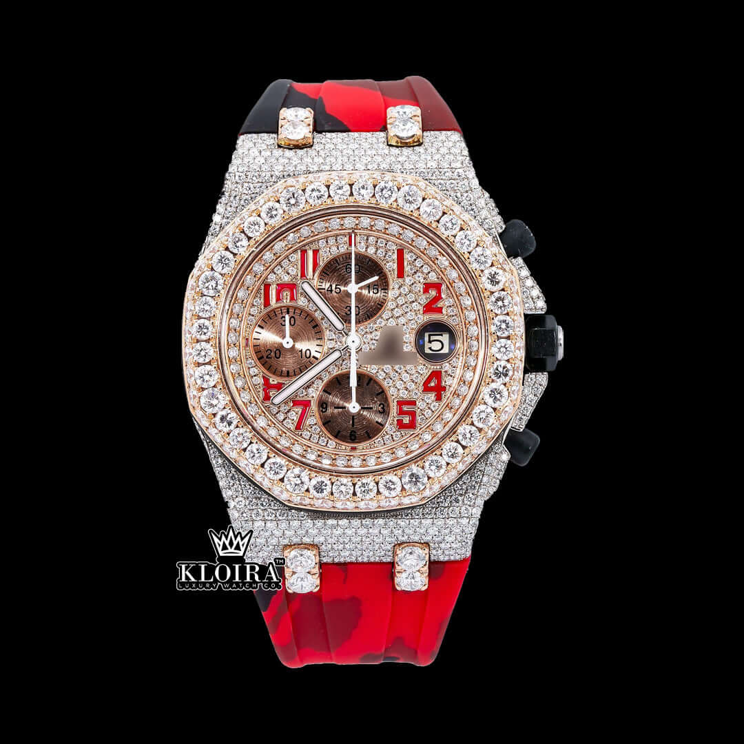 Rose gold dial iced out moissanite diamond watch with red camo strap, featuring 14K gold plating and 14-carat diamonds.