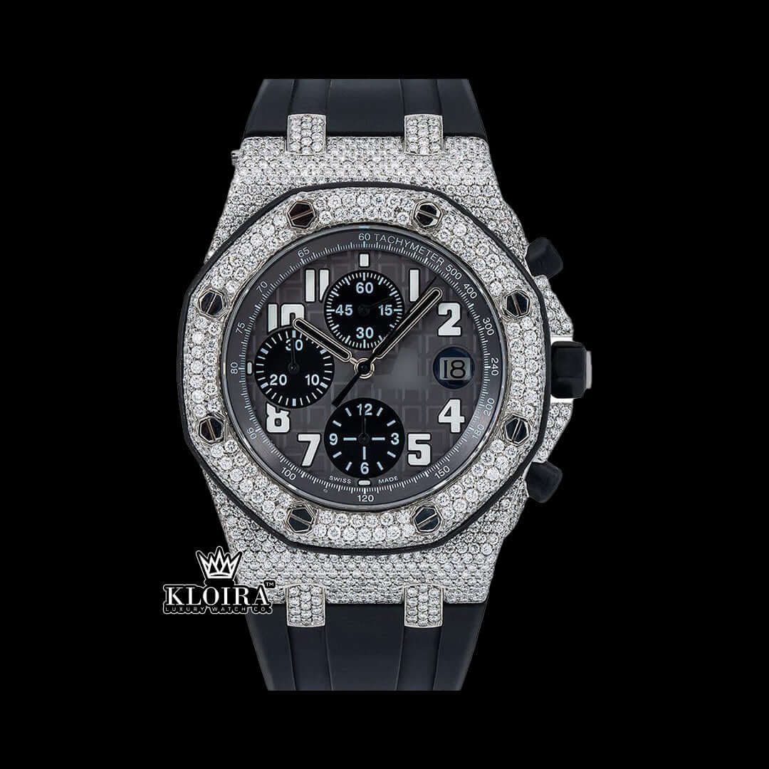 AP Royal Oak Moissanite Diamond Watch in 14K Gold with black rubber strap and iced-out design.