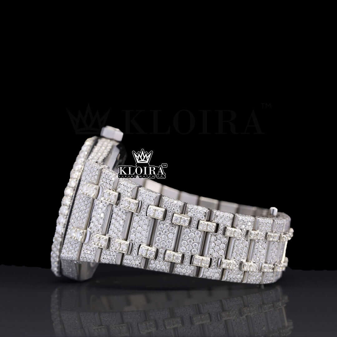 Handmade Moissanite Diamond Watch with full iced design and black index dial, featuring a 14K gold plating.
