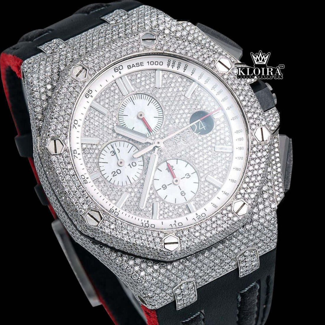 Silver Iced Out Chronograph Black Leather Strap Moissanite Diamond Watch Front View