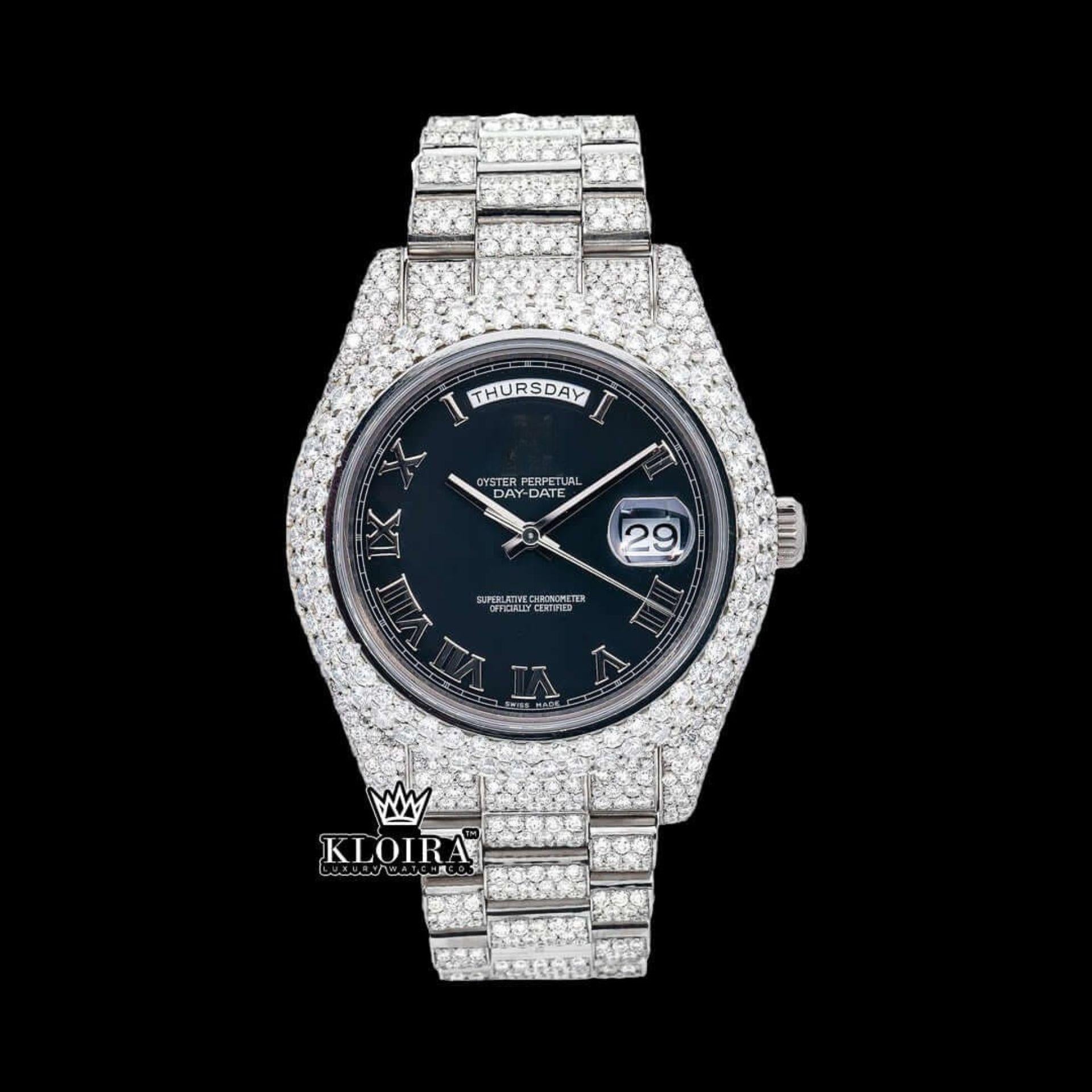 Silver Roman Numerals Black Dial Iced Out Moissanite Diamond Watch Front View