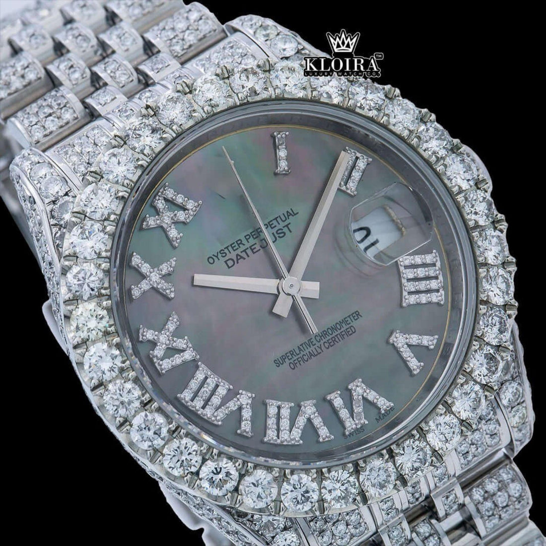 Silver Roman Numerals Black Pearl Dial Moissanite Diamond Watch Front View