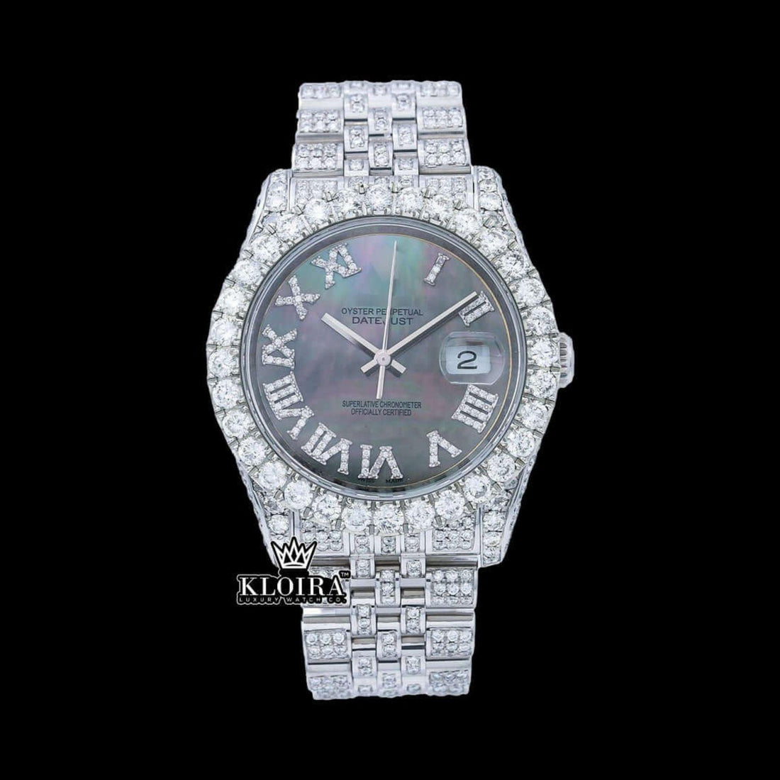 Silver Roman Numerals Date Dial Moissanite Diamond Watch 42mm Front View