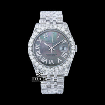 Silver Roman Numerals Date Dial Moissanite Diamond Watch 42mm Front View