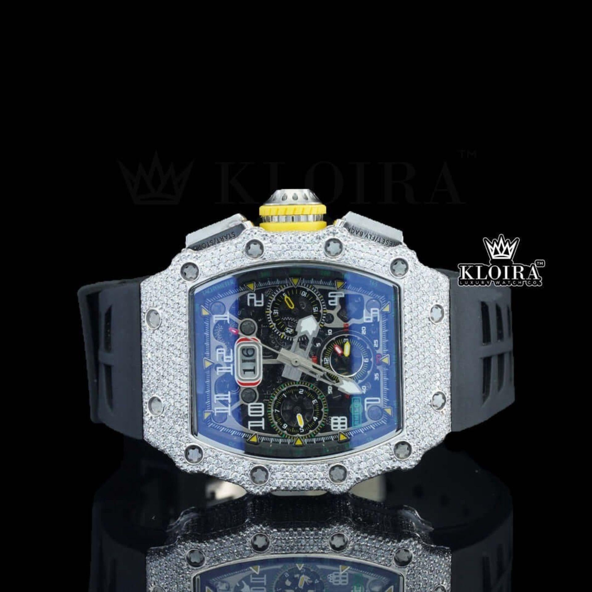 Silver Tone Skeleton Dial Chronograph Iced Out Moissanite Diamond Watch Front View