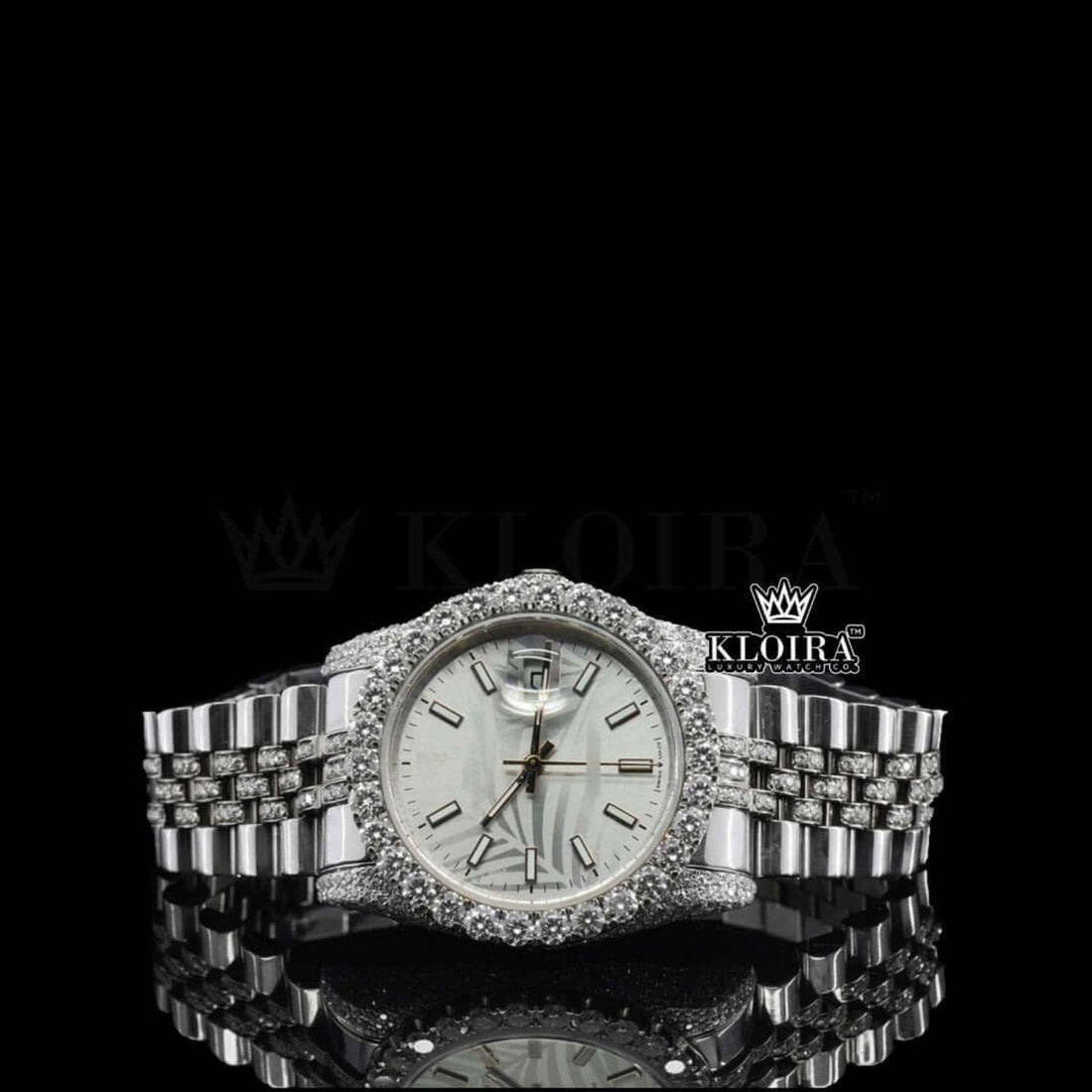 Silver shade Moissanite Diamond Watch 14K Gold VVS 22 Carat 42mm Front View