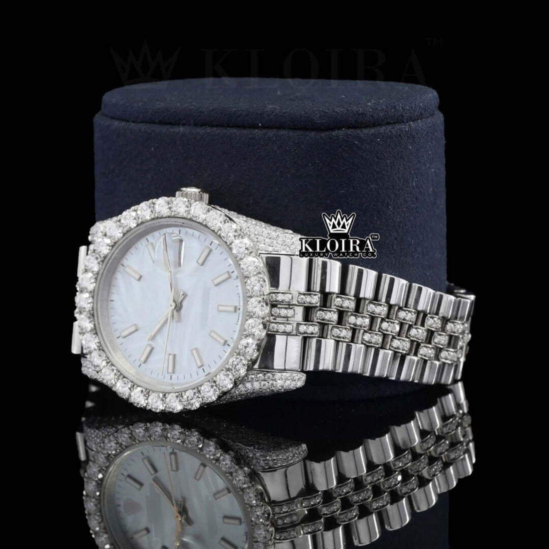Silver shade Moissanite Diamond Watch 14K Gold VVS 22 Carat 42mm Front View