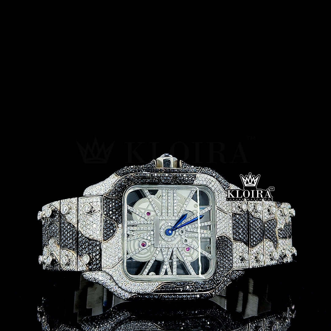 Skeleton Dial Black Camo Fully Iced Out Moissanite Diamond Watch Front View