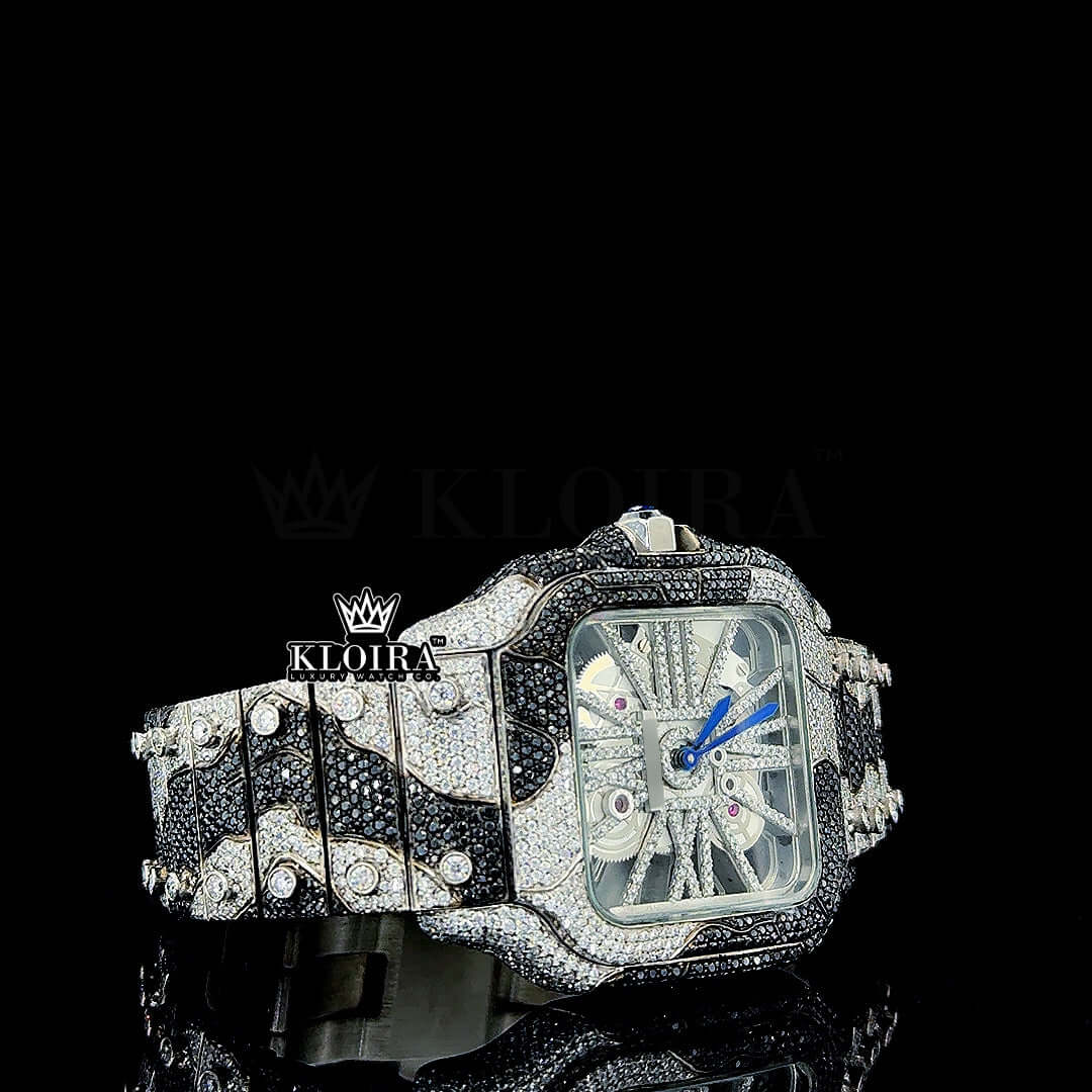 Skeleton Dial Black Camo Fully Iced Out Moissanite Diamond Watch Front View