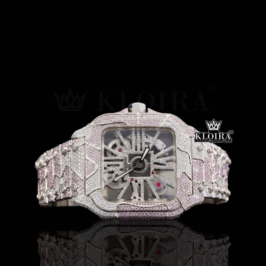 Skeleton Dial Pink Iced Out Two Tone Moissanite Diamond Watch Front View