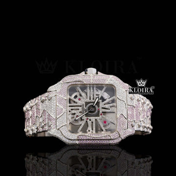 Skeleton Dial Pink Iced Out Two Tone Moissanite Diamond Watch Front View