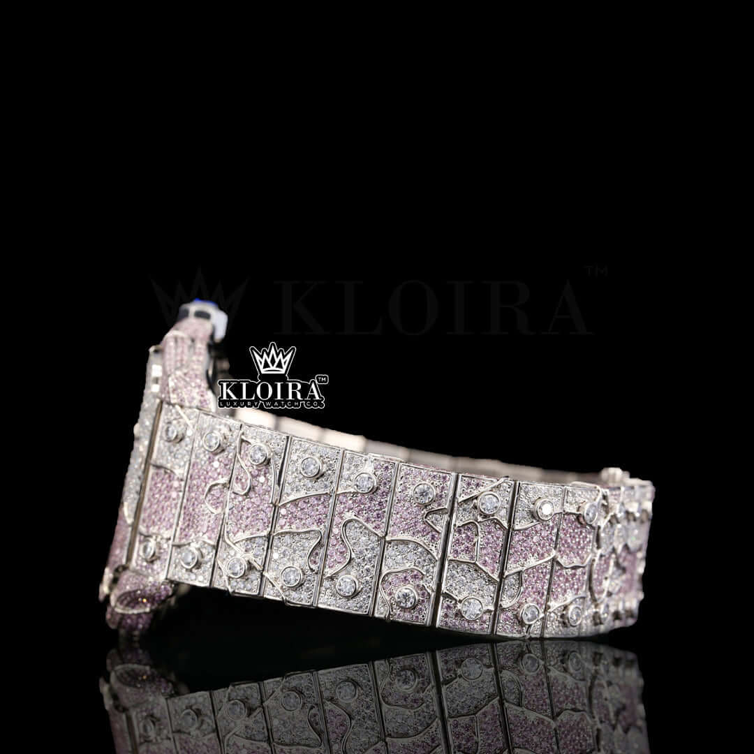 Skeleton Dial Pink Iced Out Two Tone Moissanite Diamond Watch Front View