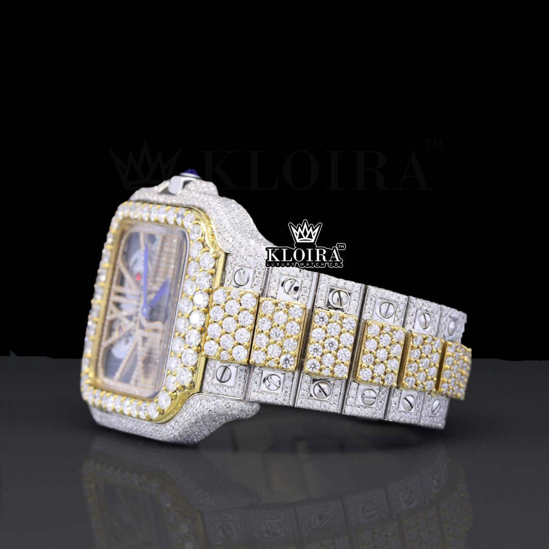 Skeleton Dial Two Tone Yellow Gold Diamond Block Link Strap Moissanite Watch Front View