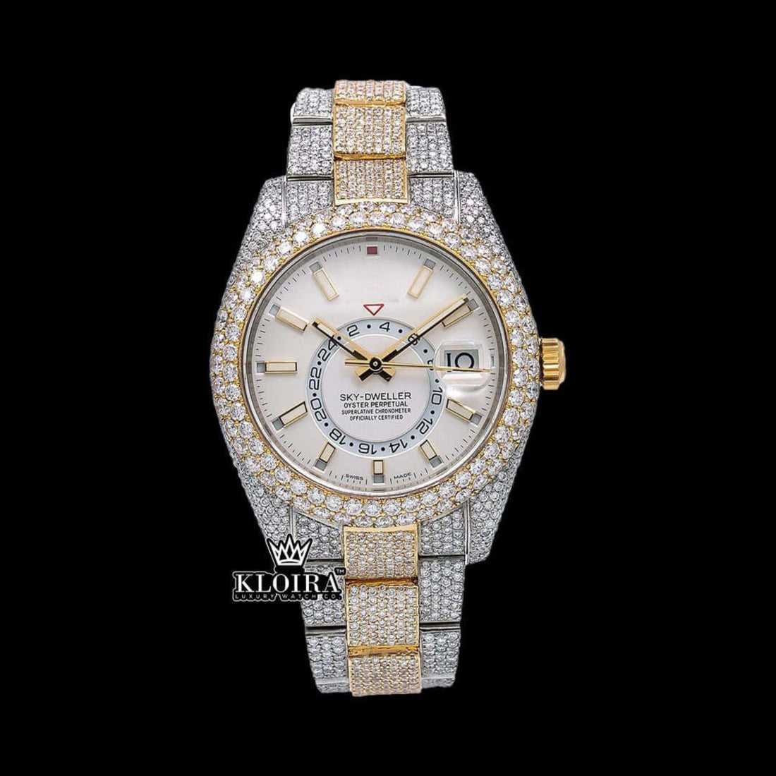 Sky Dweller Inspired iced out Watch Moissanite Diamond Marker 14K Gold 42mm Front View