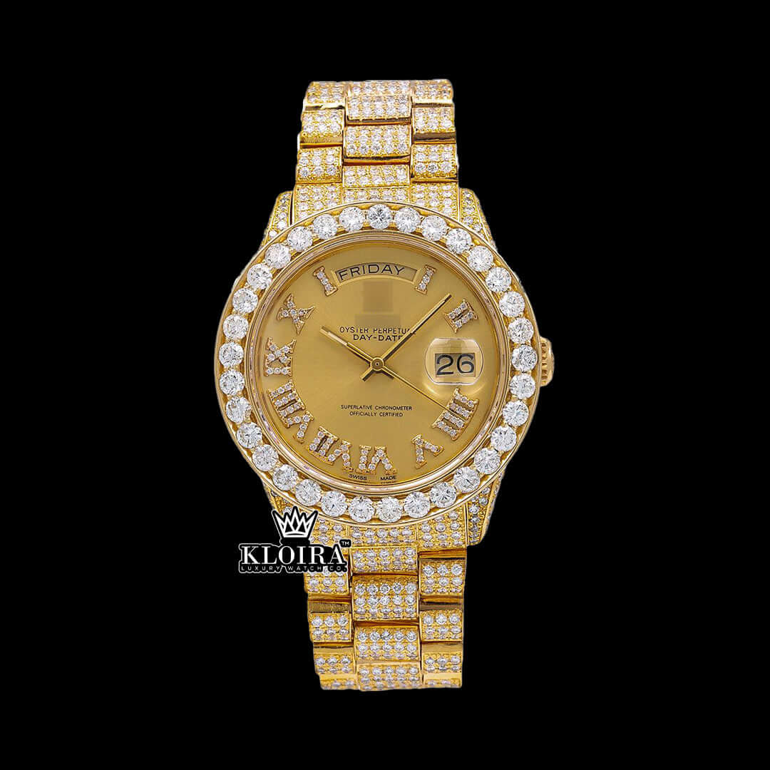 Super Clone Rolex Watch with 14K gold plating and VVS moissanite diamonds, featuring a yellow dial and a luxurious design.