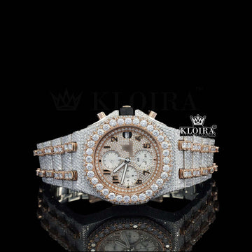 Luxury AP fully iced out two tone rose gold moissanite watch with chrono dial and stainless steel case.