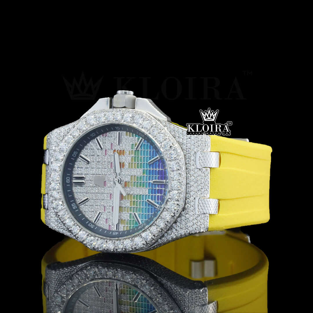 Yellow rubber strap multicolor dial iced out moissanite diamond watch with 42mm gold-plated case and 1500 diamonds.