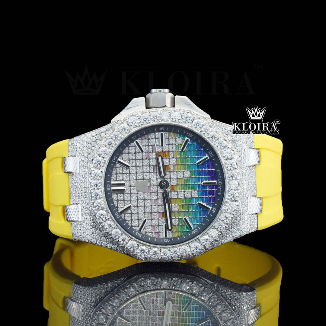 Yellow rubber strap multicolor dial iced out moissanite diamond watch with 42mm gold-plated case and 1500 diamonds.
