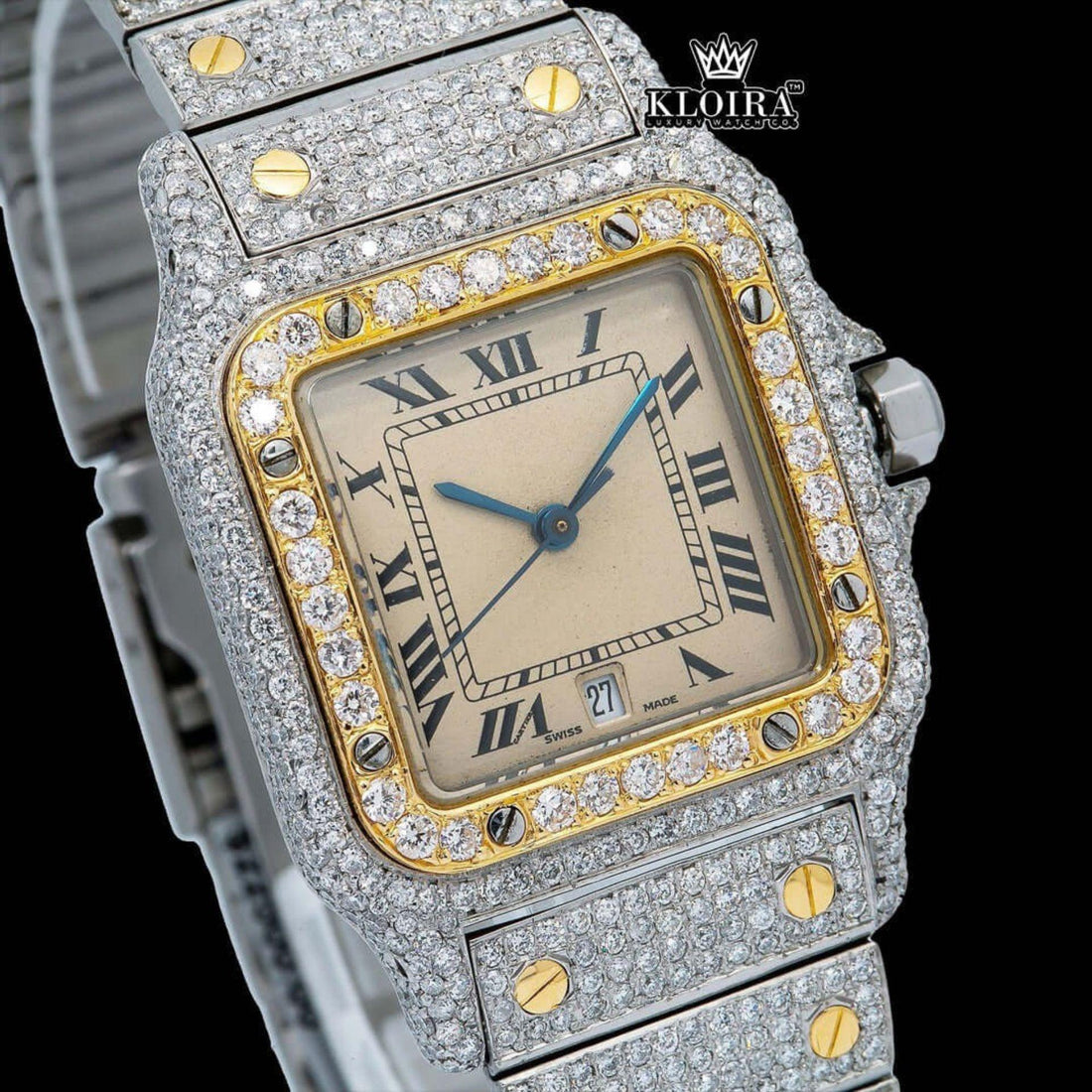 Square Dial Black Roman Numerals Two Tone Moissanite Watch Front View