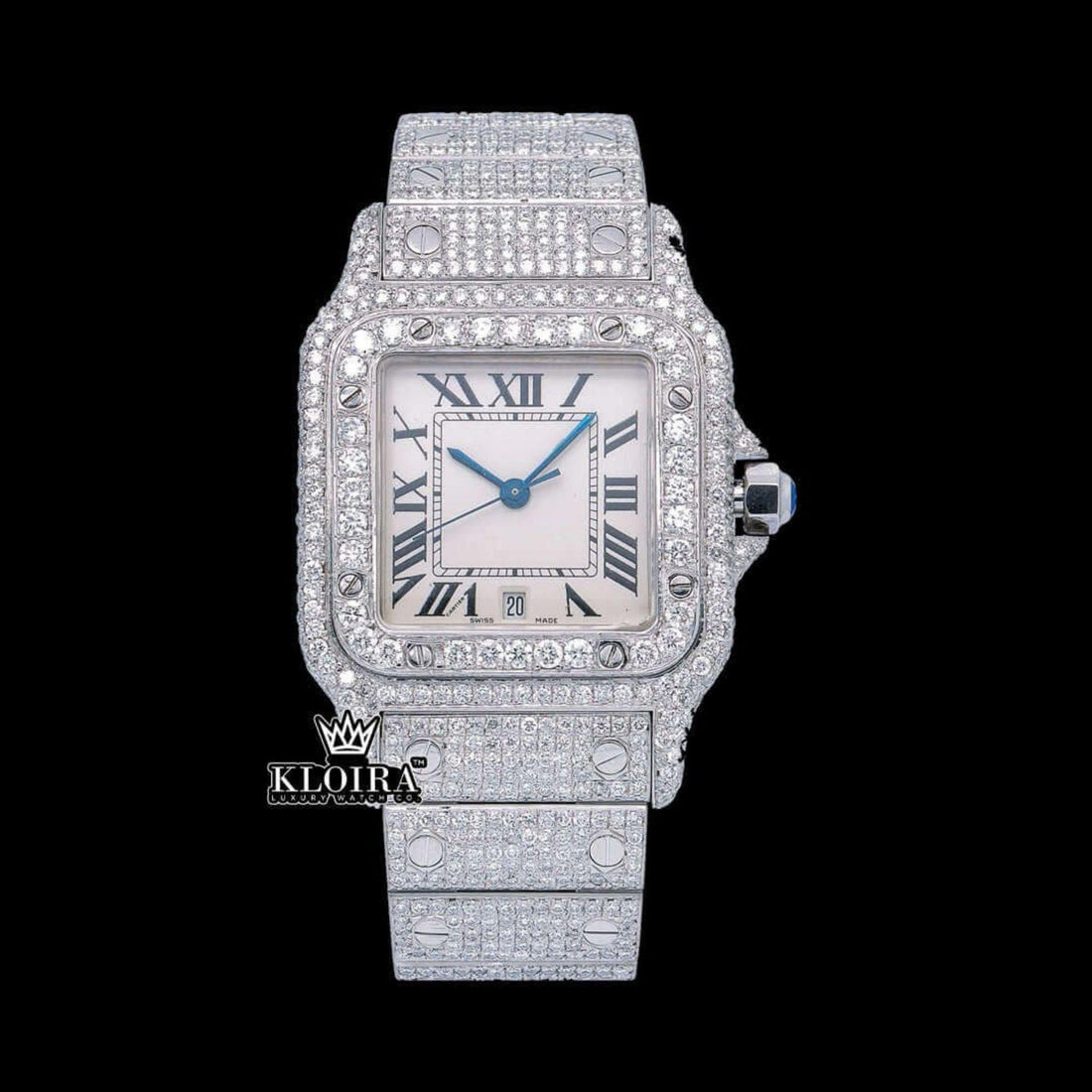 Square Roman Dial Fully Iced Out Moissanite Dial Watch Front View