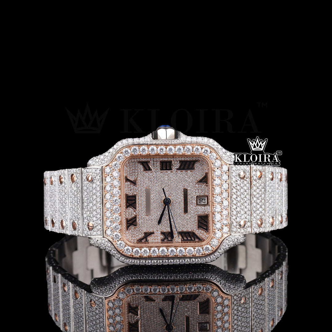 Squarint Luxe Moissanite Watch Rose 14K Gold VVS 30 Carat 42mm Front