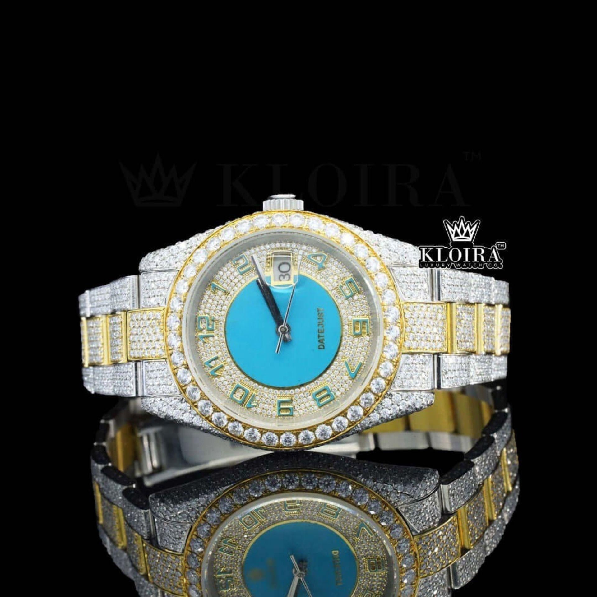 Standard Numerals Blue Dial Date Display Two Tone Iced Out Moissanite Watch Front View