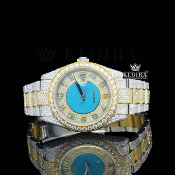 Standard Numerals Blue Dial Date Display Two Tone Iced Out Moissanite Watch Front View