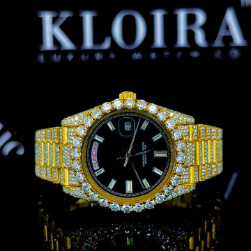 Stick Markers Black Dial Fully Iced Out Yellow Gold Moissanite Watch Front View