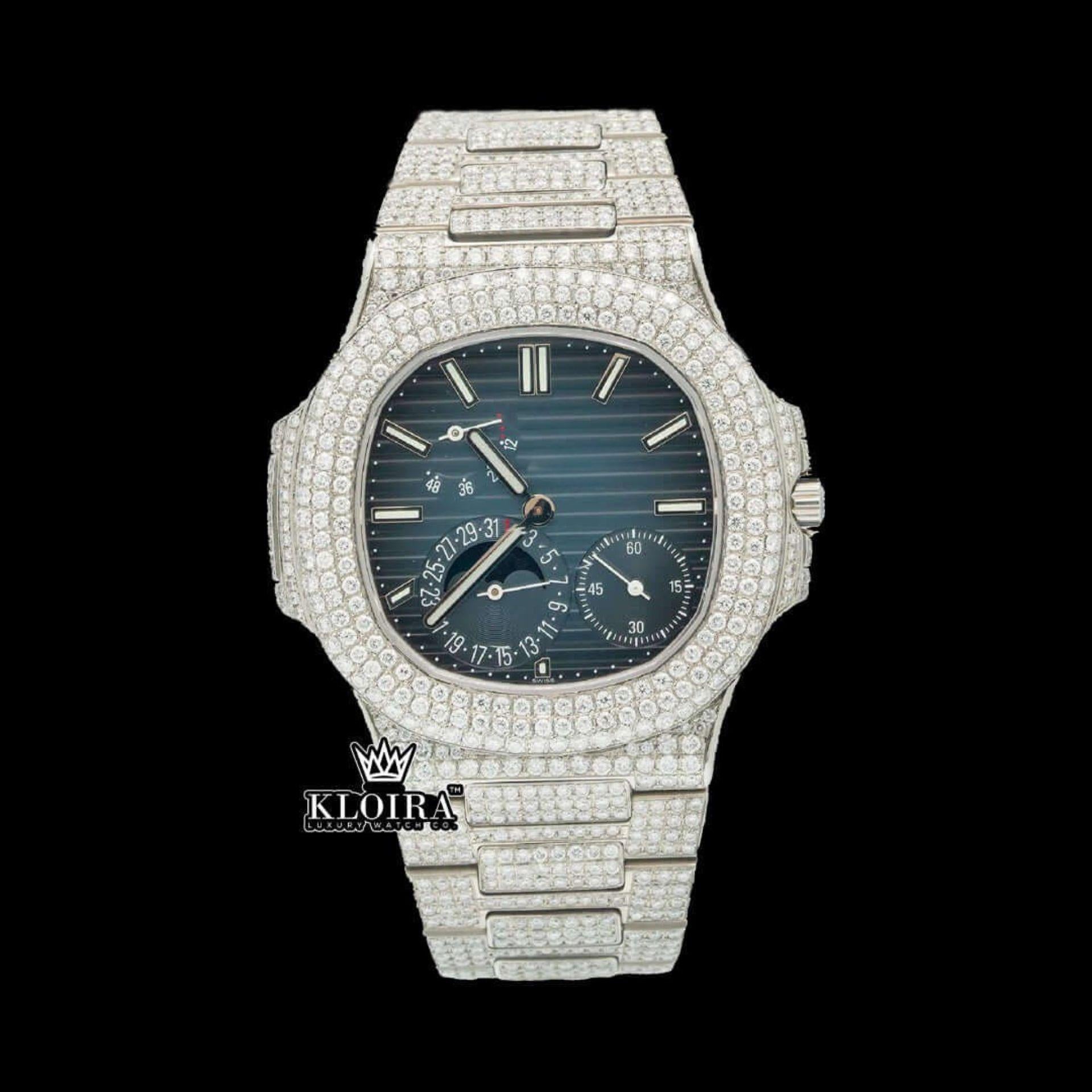 Stick Markers Blue Chronograph Dial Fully Iced Out Moissanite Watch Front View 