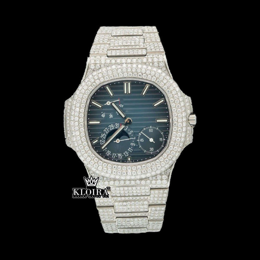 Stick Markers Blue Chronograph Dial Fully Iced Out Moissanite Watch Front View 