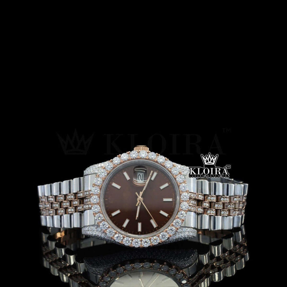 Stick Markers Brown Dial Two Tone Rose Gold Moissanite Watch Front View