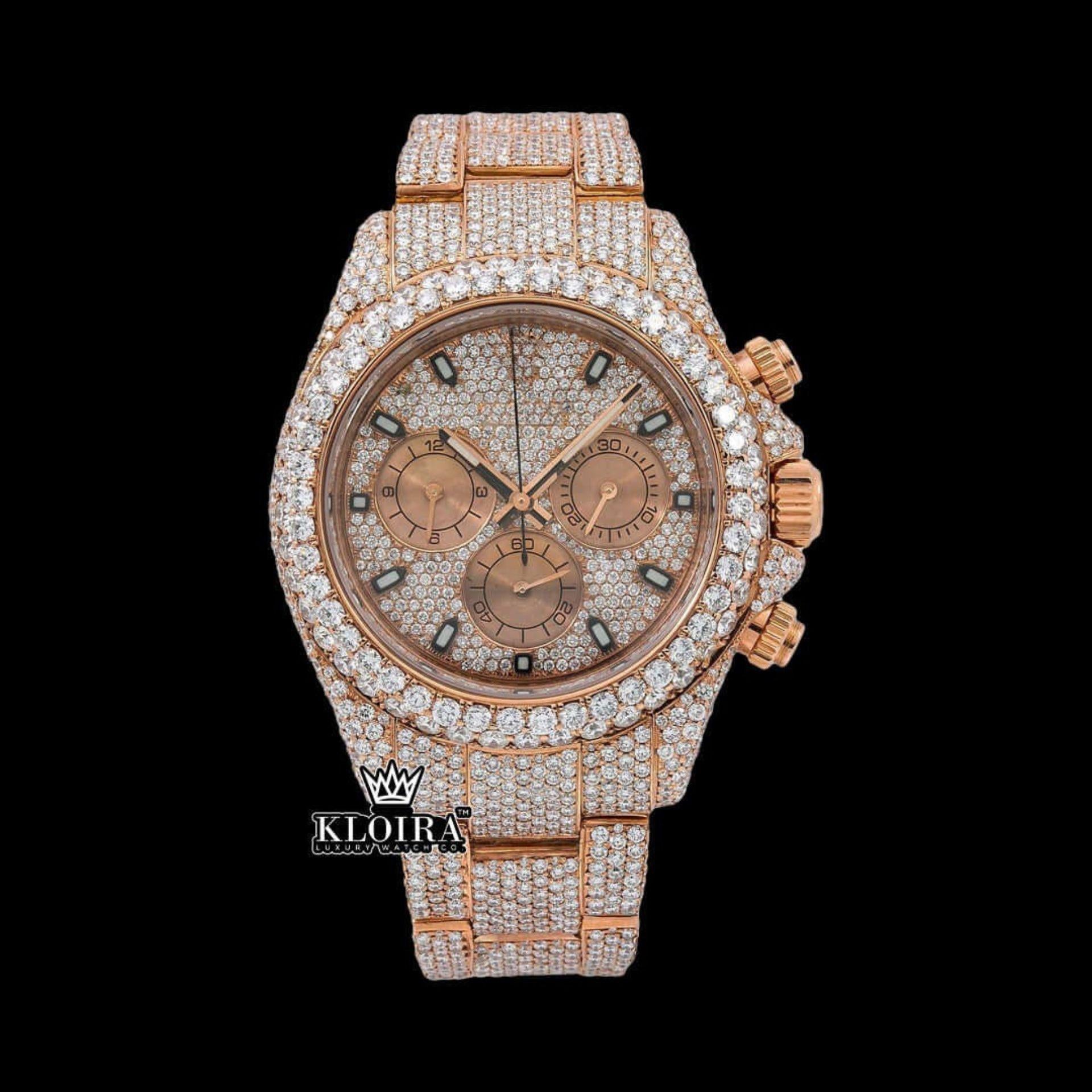 Stick Markers Chronograph Dial Rose Gold Fully Iced Out Moissanite Watch Front View